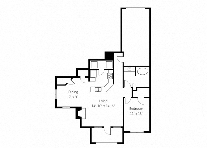 Floor plan for 1 bed, 1 bath, 791 sqft